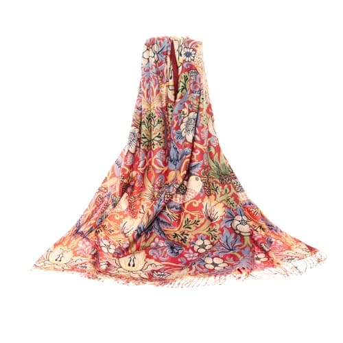 Image of Signare Art Pashmina, wrap and shawl with Strawberry Thief by William Morris in Red Backdrop