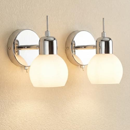 Image of OSYNNIQ Modern Wall Sconce Light Set of 2, Chrome Finish Glass Globe Shade Wall Lamp, Indoor 3000K Warm Light for Bedroom Bedside Reading Hallway Corridor Stairs Hall(E14 Bulb Included)