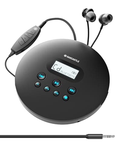 Image of Rechargeable Bluetooth CD Player | 12hr Portable Playtime | In Car Compatible Personal CD Player | Headphones Included, AUX Output, Anti-Skip Protection & Custom EQ | OAKCASTLE CD100 (Black)