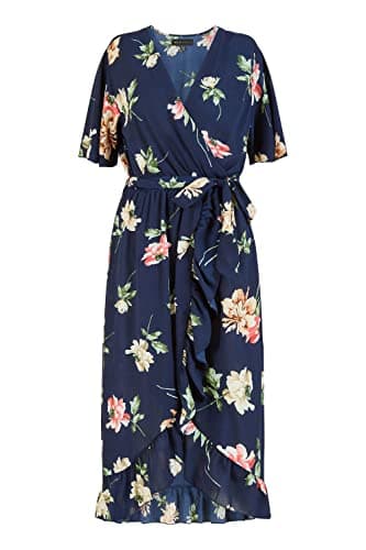 Image of Mela London Mela Navy Floral Dip Hem Wrap Midi Dress 10 Navy