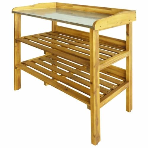 Image of vidaXL Potting Bench with 2 Shelves, Made of Solid Acacia Wood and Zinc, Water-Resistant and Weather-Resistant, Perfect for Planting and Display, Easy to Assemble.