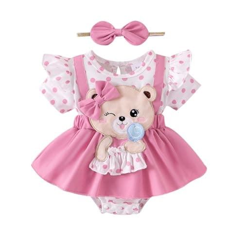 Image of Himllauen Infant Baby Girl Summer Outfit Toddler Bear Embroidery Plaid Short Sleeve Patchwork Romper Dress Bow Headband 2 Pcs Newborn Girl Casual Set (Pink, 0-3 Months)