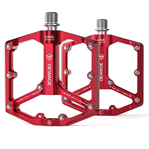 Image of GEWAGE Road/Mountain Bike Pedals - 3 Bearings Bicycle Pedals - 9/16” CNC Machined Flat Pedals with Removable Anti-Skid Nails (Red)