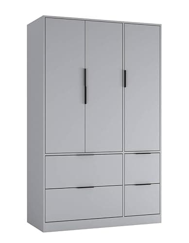 Image of URBNLIVING 3 Door Wardrobe with 4 Drawers – Wooden Bedroom Storage Cupboard with Hanging Rail for Clothes - Grey Unit & Grey Doors & Drawers