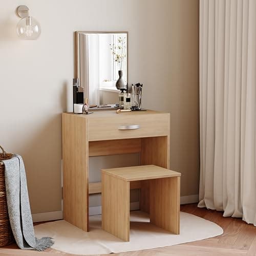Image of Vida Designs Dressing Table Isla 1 Drawer Mirror & Stool Bedroom Set Makeup Vanity Cosmetics Storage Desk Dresser Furniture Pine