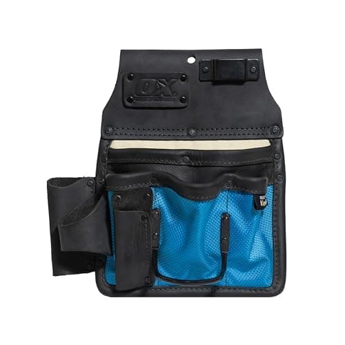 Image of OX Tools 10-Pocket Leather & Nylon Drywall Pouch Built with Kevlar - Water Resistant Leather Tool Pouch with Hammer & Tape Holder - Tool Pouch for Small Tools, Fits 2-3 Inch Work Belt OX-U268503