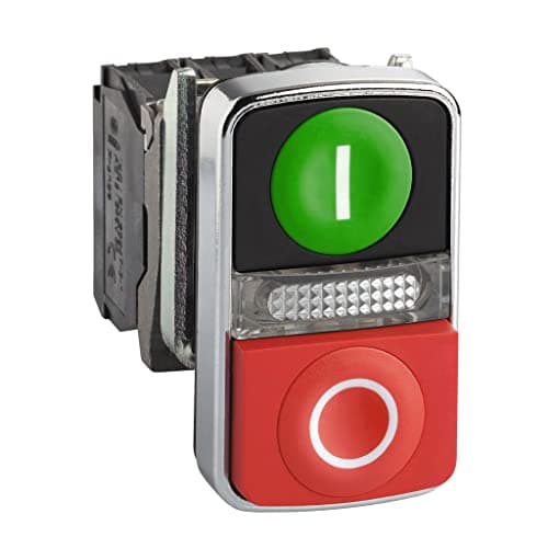 Image of Schneider Electric Harmony XB4 - ON/OFF Illuminated Push Button Switch, Metal, Green Flush Marked I, Red Projecting Marked O, 1NO + 1NC, 24 V AC/DC, 22 mm Mount, XB4BW73731B5