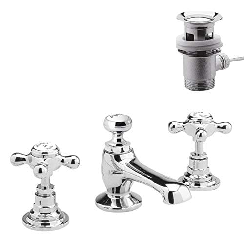 Image of Hudson Reed Old London BC307HX Topaz | Traditional Bathroom 3 Hole Basin Mixer Taps with Crosshead Handles and Hexagonal Collars with Pop-Up Waste, 94mm x 246mm, Chrome/White, 3TH, Set of 3 Pieces