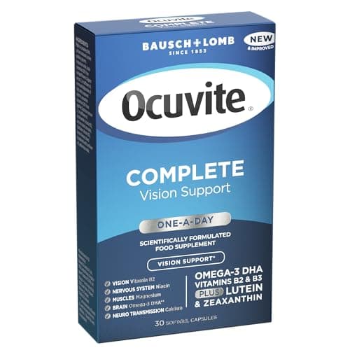 Image of Ocuvite Complete Eye Supplement Capsules by Bausch + Lomb – Lutein and Zeaxanthin Supplement with Omega 3 DHA, Vitamin B2 and Niacin, Supports Normal Vision, Eye Health Supplements 1 Capsule Per Day
