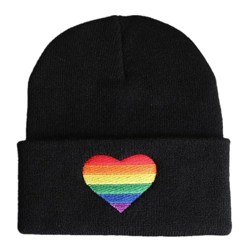 Image of TRIXES Black Knitted Beanie with Pride Rainbow Heart Embroidered Decal – Pride Accessories – Unisex – LGBTQIA2S+ Essentials – One Size
