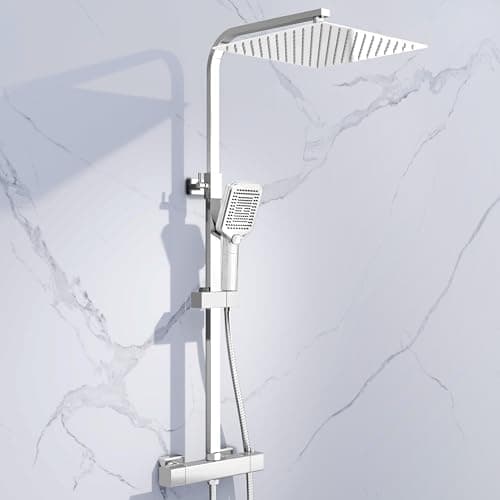 Image of Simple Bathroom Thermostatic Shower Mixer Set with 12" Square Rainfall Shower Head(304 Stainless Steel), 3 Modes Handheld Shower, Anti-Leak Hose, Anti-Scald, Easy Install(Chrome)