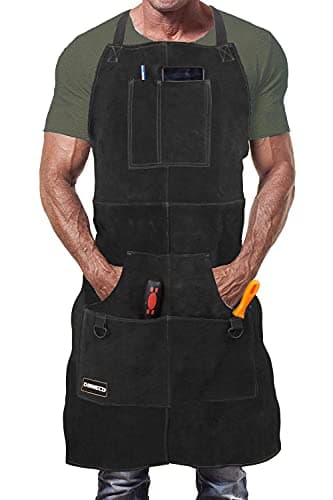 Image of DIMWELD Welding Apron. Leather Apron. Leather Aprons for Men Workshop. Welders and Blacksmith Apron With 6 pockets for men. Heat and Flame Resistant Stitched in Kevlar - Dark Brown