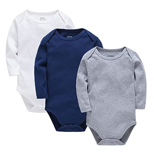 Image of wocharm Long Sleeve Baby Bodysuit Vests Infant Solid Clothes for Boys and Girls 3 Pack(Navy Blue+Grey+White,9-12Months)