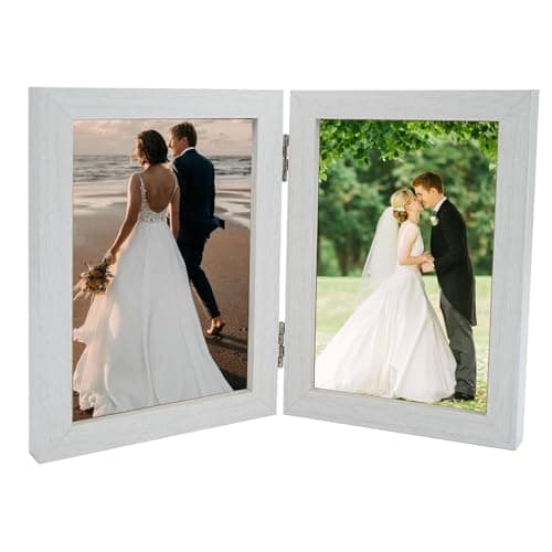 Image of Double Photo Frame 6 x 4 White Picture Frames Double 15 x 10 cm Wooden Photo Frames Twin Hinged Folding Picture Frame Acrylic Front Stand Vertical on Desktop, Holds 2 Standard Photographs