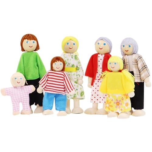Image of DAVBNM Sets of 7 People Wooden DollHouse Family Dolls Toys, Wooden Figure Set, Lovely Happy Family Doll Playset, Dollhouse Accessories, DollPeople Playset for Doll House Kids Children