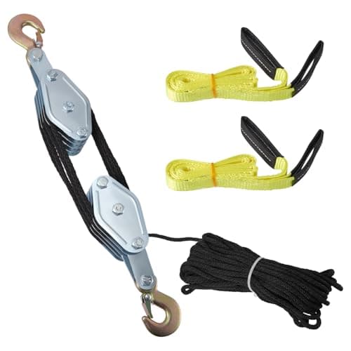 Image of 2 Ton Rope Hoist Pulley Block with 2Pcs Webbing Lifting Sling Strap, Metal Bearing 4000lbs Max Load, 20m (65.6 ft) Nylon Rope, for Lifting Heavy Industrial Objects Boat Truck Trailer Caravan