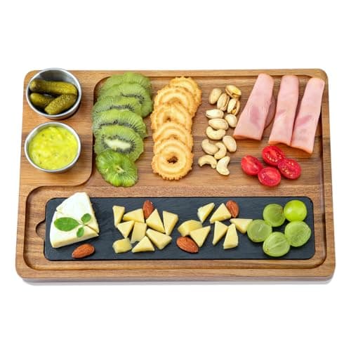 Image of LiWiBet Wooden Slate Serving Board Charcuterie Boards with 2 Bowls, 100% Solid Acacia Wood Cheese Board Serving Plate Tray Platter for Bridal Shower Gifts Wedding Gifts Housewarming