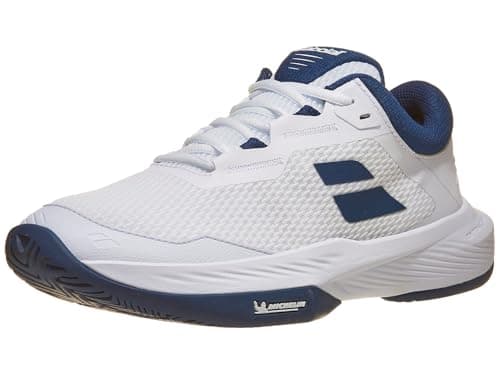 Image of Babolat Men's, SFX 4 AC M Tennis Shoes, Size 9, White/Dark Blue, Superior Comfort, Wide Fit, Optimal Support, Extra Cush Technology, Lightweight and Ventilated Upper Thick Ortholite Sole, 9 UK
