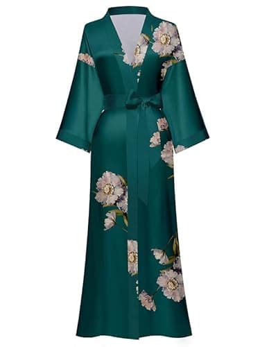 Image of EORUBE Long Kimono Robe Women Cover Up Print Floral Satin Sleepwear Silky Bathrobe Bachelorette Robe (Dark Green - Breeze at Dusk)