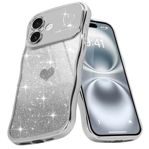 Image of Teageo Cute Heart Pattern Curly Phone Case for iPhone 16, Wave Frame Glitter Case for Girls Women Aesthetic Bling Cover Shockproof Soft TPU Bumper for iPhone 16, Silver