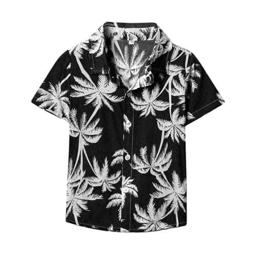 Image of Hawaiian Shirts for Boys Short Sleeve Button Down Lapel Graphic Print Summer Beach Tee Tops Kids Comfy Casual T Shirts Size 8-9 Years Black