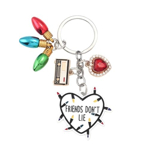 Image of NEITWAY Stranger Friendship Gifts Keychain, Key Ring Hoops, Retro Neon Light & Dazzling Heart Charm Metal Keyring Clips, Car/Bag Keychain