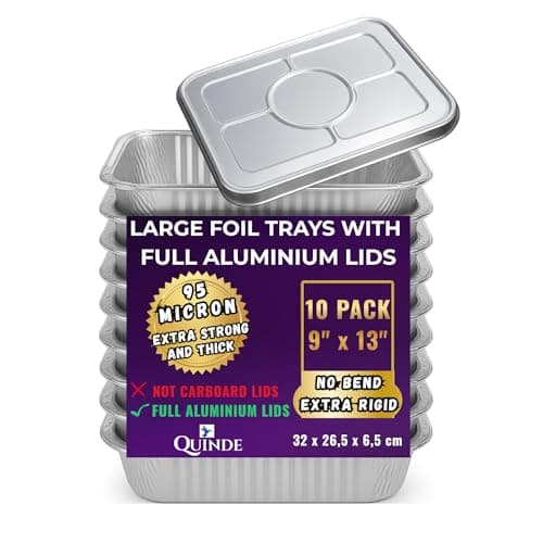Image of QUINDE Large foil Trays with lids – Pack of 10 – Full Aluminium Heavy Duty Foil Containers with Lids 3500 ml (9×13"), Deep Aluminium Baking Roasting Cooking Turkey Trays