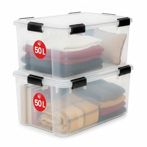 Image of Iris Ohyama, Set of 2, Air tight storage boxes, 50 L, with 6 clips, stackable, garage, cellar, attic - Air Tight Box AT-L - Transparent