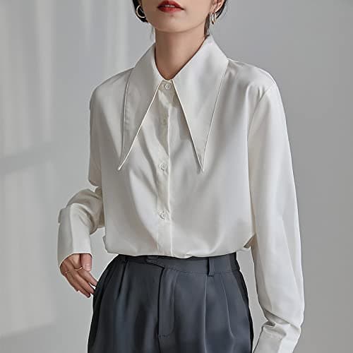 Image of Womens Shirts,Women'S Satin Silk Shirt Vintage White Turn Down Collar Chic Blouse Cardigan Jacket Elegant Charm Office Business Blouse Long Sleeve Button Down Blouses Casual Tunic Tops Streetwear ,X