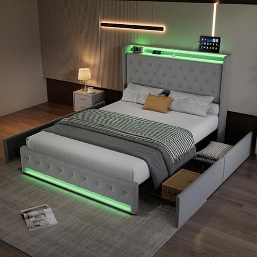 Image of Jovify 4ft6 Double Bed Frame with 4 Storage Drawers, LED Upholstered Platform Beds, Functional Storage Bed with LED Lighting and Charging Station, Sturdy Metal-Wood Support, Velvet, Grey, No Mattress