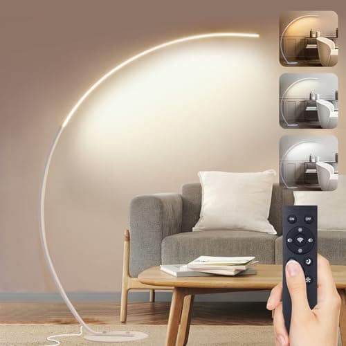Image of LED Arc Floor Lamp for Living Room, 25W Dimmable Standing Lamp with Remote Control, 3 Color Temperature & 5 Brightness Modern Floor Light Tall Corner Reading Floor Lamp for Bedroom Office, White 165CM