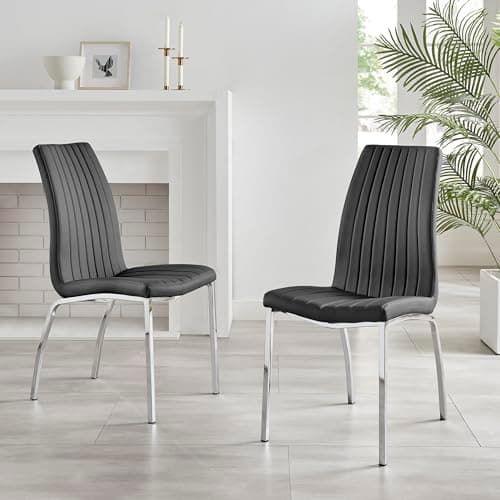 Image of Furniturebox UK 2x Isco Modern Chrome Metal Faux Leather Deep Foam Padded Contemporary Dining Kitchen Chairs Seats (2x Black Isco Chairs)