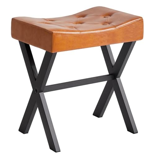 Image of IBUYKE U Shaped PU Vanity Stool Square Makeup Stool with X-Leg, Ottoman Footstool Seat, Multi-Use as Small Side Table for Bedroom, Light Brown WBD019J