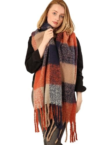 Image of Style Slice Women Ladies Blanket Scarf Oversized Tartan Scarves Scottish Blanket Shawl Women Winter Wraps Pink Grey Black Mustard Red (Navy Blue & Orange)
