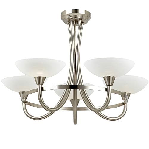 Image of 640mm Semi Flush Ceiling Mounted Pendant Light | Satin Chrome & White Glass Shade | 5X G9 Lamp Bulbs | Over Head Vintage Hanging Living Room Table Light | Multi Light Feature Chandelier