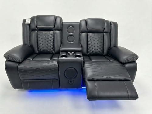 Image of Michigan Leather Electric Recliner Sofa Set With Cupholders - Tech Air Leather - Bluetooth Speakers -Wireless Charging - USB Ports - LED Lights - Cupholders & Storage (Black, 2 Seater)