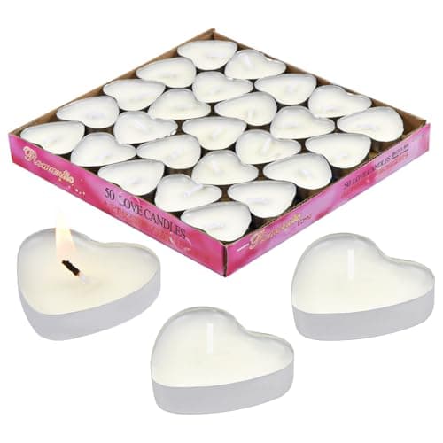 Image of Aomhrek White Heart-Shaped Tealight Candles, White Tealight Candles, Romantic Decorations for Proposals & Valentine's Day, Pack of 50, Long-Lasting Paraffin Wax Candles