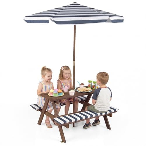 Image of GYMAX Kids Picnic Table, Wooden Children Garden Table and Bench Set with Removable Umbrella, Outdoor Toddler Furniture Set for Boys Girls (Blue, 91 x 80 x 50cm)