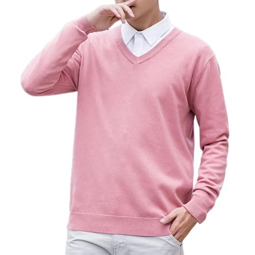 Image of Mens V Neck Knit Jumper Pullover Long Sleeve Soft Touch Knitwear Stretch Plain Classic Sweater Casual Business Lightweight Knitted Jumpers Tops Pink