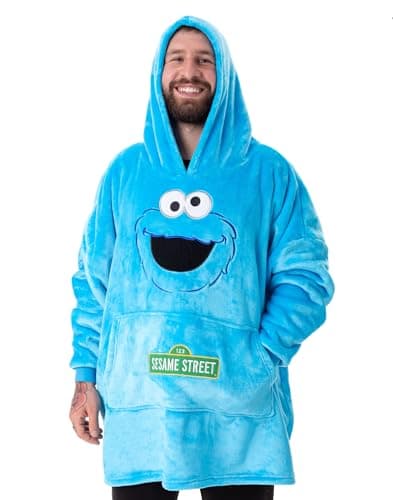 Image of Sesame Street Cookie Monster Unisex Wearable Blanket Hoodie | Adults Blue Hooded Pullover with Cookie Monster Character Graphic Print | One Size Sherpa Lined Loungewear with Pockets
