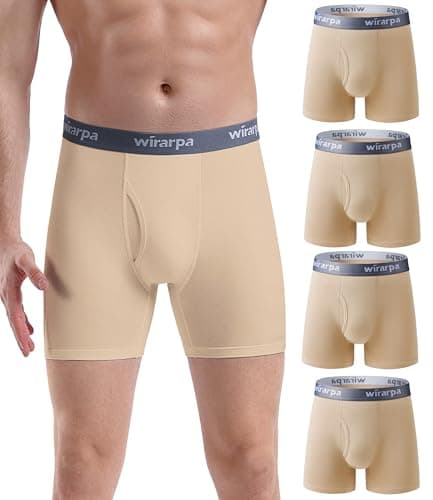 Image of wirarpa Men's Underwear Trunks Cotton Stretch Boxer Shorts Open Fly Tagless Underpants for Men Regular Leg 4 Pack Beige Size M