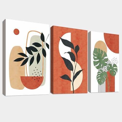 Image of 3Pcs Wooden Framed Boho Canvas Wall Art Orange Abstract Leaves And Sun Painting Canvas Prints Nordic Minimalist Geometric Picture for Living Room Bedroom Hallway Home Wall Decor 150x70cm(20"x28"x3pcs)