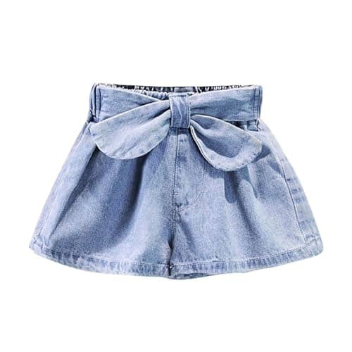 Image of Summer Denim Shorts for Girls with High Waisted Decorative Bow for Ages 4 to 15 Years, blue, 4-5 Years