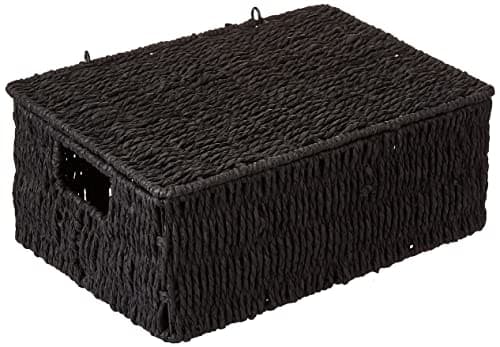 Image of Woodluv Storage Boxes with lid, Storage Baskets Woven storage baskets for shelves, Hamper Basket, Black, Medium, Black