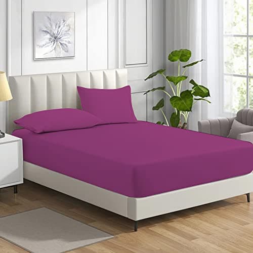 Image of MistyMorning Fitted Sheet, Soft & Premium quality Bedding & Linen, 11''/28cm deep sheet, Egyptian Cotton with 200 Thread Count. (Purple, Double)