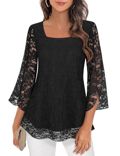 Image of Syphiby Ladies' Elegant Lace Tops, 3/4 Sleeve Square Neck Blouses in Black for Casual, Evening & Party Wear