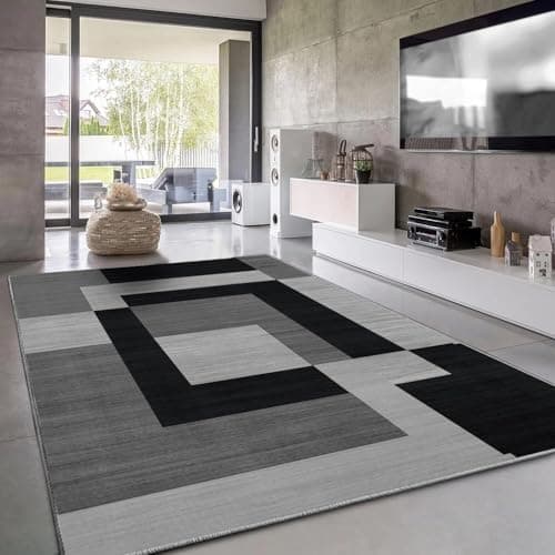 Image of Imperial Rooms Area Rugs for Bedroom - Printed Rugs Living Room Large 200x290 Cm Geometric Style Modern Floor Carpet Super Soft Milo Black and Grey Extra Large Rug - Easy Care