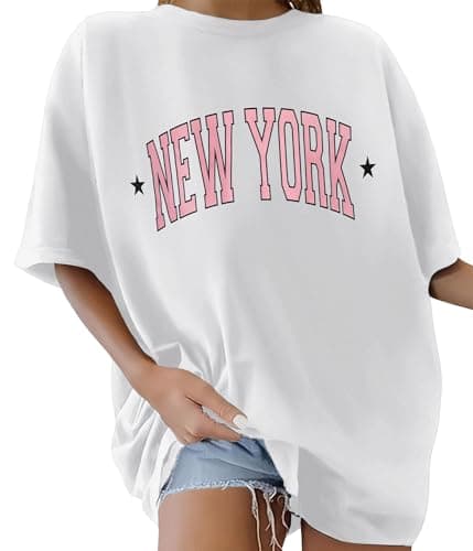 Image of Lonya Women's T-Shirts Round Neck Y2k 90s Oversized T Shirts for Women Ladies Short Sleeve Graphic Print Summer Baggy Plus Size Casual Cotton Tee Tops,Clear White,S