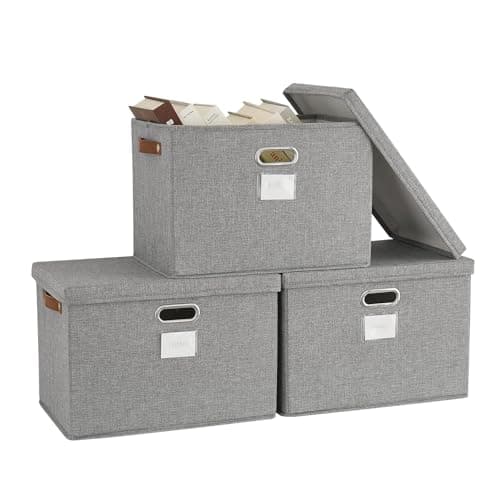 Image of Bagnizer Storage Boxes with Lids 3PCS Foldable Fabric Storage Boxes Large Stackable Storage Baskets for Shelves Storage Box for Clothes Wardrobe Grey Collapsible Decorative Storage Bins 43x30x30cm