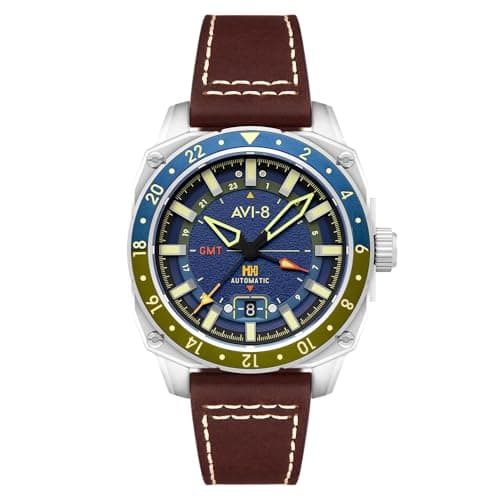 Image of AVI-8 Men's 44mm Hawker Hunter Atlas GMT Automatic Earth Blue Watch with Leather Strap AV-4122-02